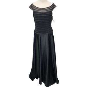 JS Collections Black Formal Long Dress sheer striped mesh satin off shoulder 10